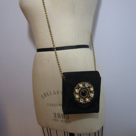 Jeweled Black Suede Box Crossbody Purse Shoulder Bag Gold Chain 80s - Picture 3 of 10